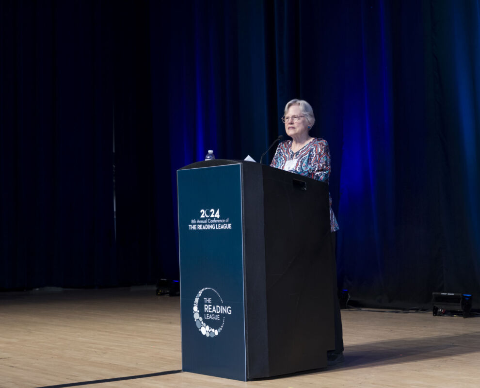 Barbara Foorman speaking behind pedestal at The Reading League 2024 Annual Conference